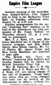 Newspaper article, Australia Day matinee British film 'Love on Wheels' screened at Melbourne Athenaeum January 25 1934 - Sunshine Advocate 12 January 1934
