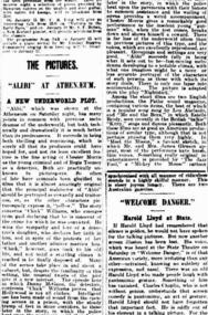 Newspaper article, Alibi (film) screened at Melbourne Athenaeum - The Argus 21 January 1930
