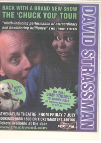 Theatre Program, David Strassman: the Chuck You Tour (comedy) commencing 6 July 2001 performed at Athenaeum Theatre Melbourne