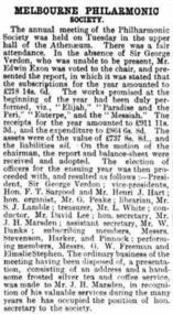 Newspaper Article, Melbourne Philharmonic Society annual meeting held in the upper hall of the Athenaeum on Tuesday preceding 1 February 1879 as reported in Australasian