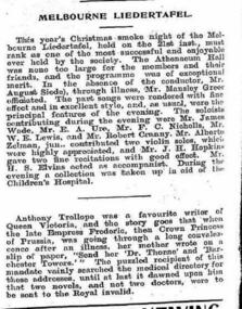 Newspaper Article, Melbourne Liedertafel Christmas smoke night on 21 December 1904 held at the Melbourne Athenaeum Hall as reported in Table Talk edition dated 29 December 1904
