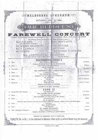 Newspaper Article, Troedel & Co.: Master Printers and Lithographers, Mr Buddee's Grand Farewell Concert performed on 13 December 1884 at Melbourne Athenaeum.  Newspaper review Argus 15 December 1884