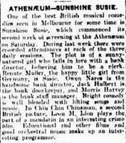 Newspaper Article, Sunshine Susie (film) screened from July 1932 for 9 weeks at Melbourne Athenaeum Theatre - Argus, Saturday 18 July 1932