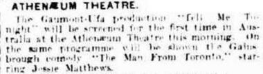 Newspaper Article, Tell Me Tonight (film) screened at Melbourne Athenaeum Theatre from 6 May 1933 - Argus, Saturday 6 May 1933