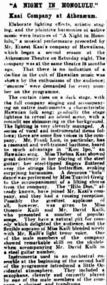 Newspaper Article, A Night In Honolulu, musical performance presented by Ernest Kaai's company of Hawaiians at the Melbourne Athenaeum Theatre on 7 August 1926