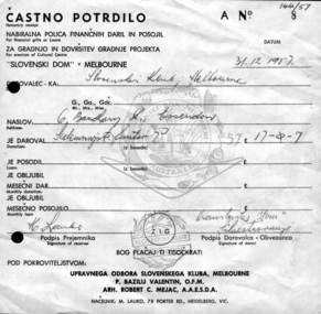 Honorary Receipt for a Donation, Honorary Receipt for a Donation for Slovenian Dom, 1957