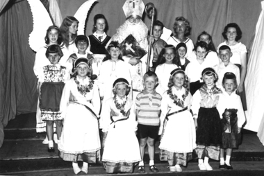 St Nicholas with Slovenian children and angels, St Nicholas - sv. Miklavž with children and angles in 1959, December 1959