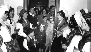 Black and white photo of the opening ceremony, Cultural program at the opening of the Slovenski Dom ceremony, 1960