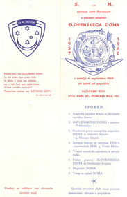 Invitation to the opening of the Slovenian Club Melbourne 1960, Invitation to the opening and the program at the occasion of the opening of the Slovenian Club Melbourne in 1960, August 1960