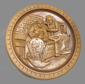Carved wooden plate, Carved wooden plate with Slovenian Mother, Father and a baby in the cradle, not known