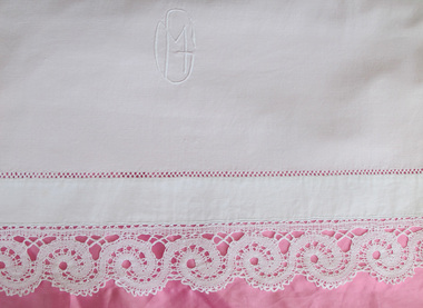 section of the flat sheet border and initials, Marcela Bole - section of the flat sheet border and initials