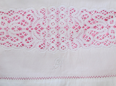 section of the flat sheet decoration, Marcela Bole - section of the white flat sheet decoration with initials, 1930s