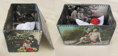 box made of romantic postcards, Marcela Bole - box made by stiching together the romantic postcards, 1930s
