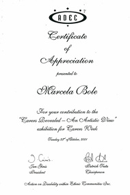 Certificate of Appreciation, Marcela Bole Certificate of Appreciation 2001, 2001