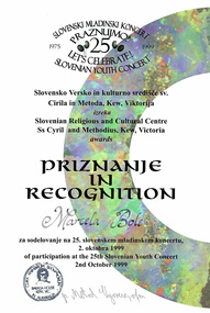 Certificate of Recognition, Marcela Bole - Priznanje in Recognition 1999, 1999