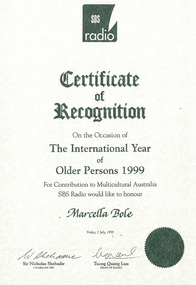 Certificate of Recognition, Marcela Bole Certificate of Recognition, 1999