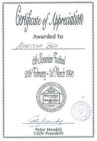Certificate of Appreciation 1998, Marcela Bole - Certificate of Appreciation 1998, 1998