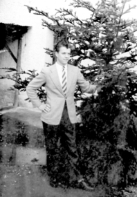 Camp Napoli, photo, Camp Napoli, 1959, L Markic, suit donated by Red Cross