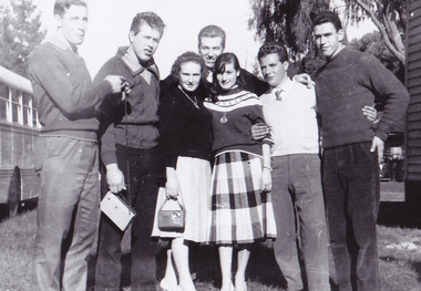 Slovenian picnic, photo, Slovenian picnic at Silvan, Miro, Karlo, Ivan, Dario, Rudi, Jenny, Anica, Early 1960s