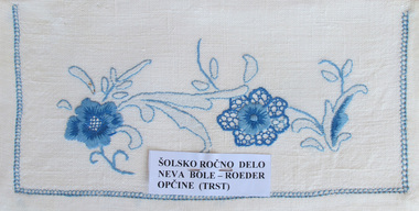 Blue embroidery, Neva Roeder-Bole, blue, school embroidery, and border on white linen