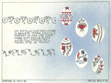 Colour drawing, Neva Roeder-Bole Easter Eggs drawing, 1953