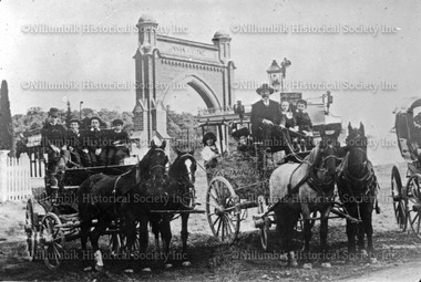 Photograph - Black & white photograph, Weekes' Coaches outside Nillumbik Cemetery Diamond Creek