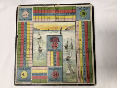 Cardboard game board, for a game called 'Yacht Race', depicting illustrations of yachts, and a colourful 'racing track'. 