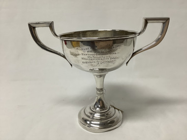 EPNS chalice-shaped trophy with two handles, with the inscription: "Mentone Street March competition 16 February 1930/by Mentone citizens band/who presented it to Williamstown city band/the winners of second place"