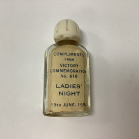 Small rectangular fluted glass perfume bottle with cream fluted plastic lid. Perfume residue, from Masonic Lodge 618, 19 June 1954