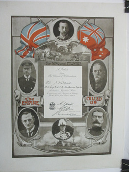 Large certificate depicting English & Australian flags flanking photo of King of England, picture of men, horses & cannons directly below. A tribute to J Walford