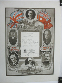 Large certificate depicting English & Australian flags flanking photo of King of England, picture of men, horses & cannons directly below. A tribute to J Walford