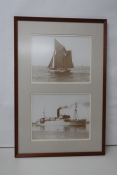 Two sepia photographs in one frame - the ketch "Helen Moore" under sail, and the lighthouse tender SS "Cape York" under steam