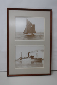 Two sepia photographs in one frame - the ketch "Helen Moore" under sail, and the lighthouse tender SS "Cape York" under steam