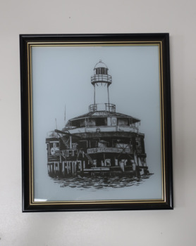 Black and white detailed pencil drawing of the Gellibrand Pile Light showing the front with the access stairs.  The drawing is in a black wooden frame, behind glass.