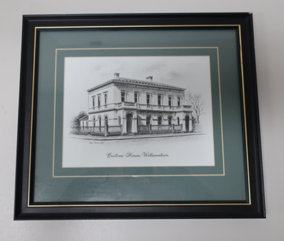 Framed print of pencil drawing of the Williamstown Customs House Building, Nelson Place, Williamstown. Arches open to ground floor/upper floor double hung windows with balconies/two chimneys/ iron palisade fence surrounds building