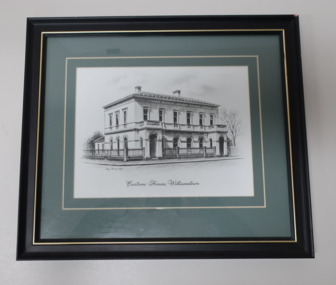 Framed print of pencil drawing of the Williamstown Customs House Building, Nelson Place, Williamstown. Arches open to ground floor/upper floor double hung windows with balconies/two chimneys/ iron palisade fence surrounds building