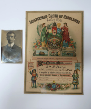 Colourfully illustrated Certificate of Merit - Independent Order of Rechabites, presented to Bro. S. Porter by Williamstown Junior Tent No. 115 on 20/1/1911. There is an accompanying black and white photograph of Bro. S. Porter, Junior Superintendent             