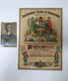 Colourfully illustrated Certificate of Merit - Independent Order of Rechabites, presented to Bro. S. Porter by Williamstown Junior Tent No. 115 on 20/1/1911. There is an accompanying black and white photograph of Bro. S. Porter, Junior Superintendent             