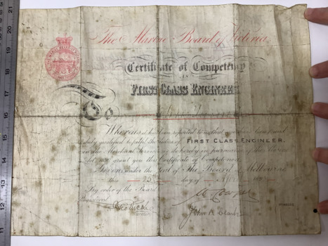 Marine Board of Victoria Certificate of Competency, First Class Engineer (no. 190) issued on 25 April 1893 to John Turner. 