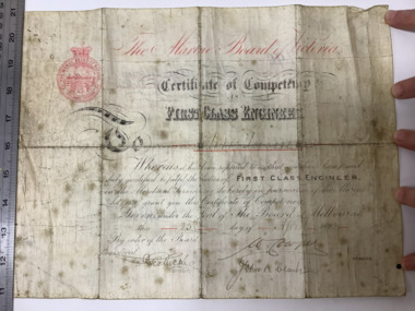 Marine Board of Victoria Certificate of Competency, First Class Engineer (no. 190) issued on 25 April 1893 to John Turner. 