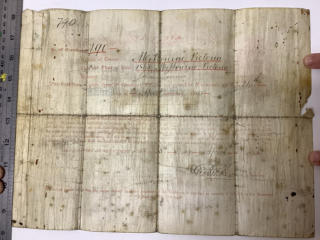 Marine Board of Victoria Certificate of Competency, First Class Engineer (no. 190) issued on 25 April 1893 to John Turner. The certificate is hand written on parchment.