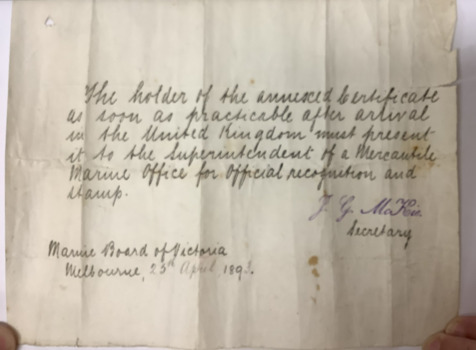 Instructions to the holder, describing how to have the certificate validated in London