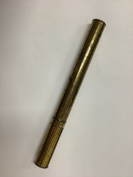 Lidded metal document tube with a gold and black design, possibly original.