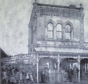 Photograph - Nelson Place, showing R. Creeke's Boot Warehouse - boot dealer and manufacturer of boots and shoes, c.1878