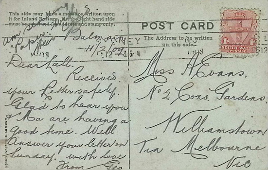 Reverse of postcard addressed to Miss A Evans, No. 2 Coox Gardens, Williamstown.