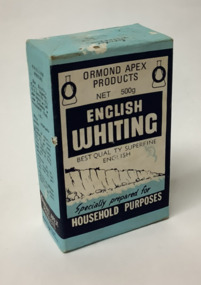 Unopened 500g box containing English Whiting. The box is printed in light blue, dark blue and white, with a drawing of a white sea cliff (most probably of the white cliffs of Dover) on the front. The box lists the manufacturer's details, chemical components, directions and uses and other manufacturer's products.