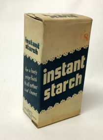 Cardboard box of instant starch,  produced by Reckitt's Household Division. Cream coloured carton with dark blue/cream band and cream and red script.