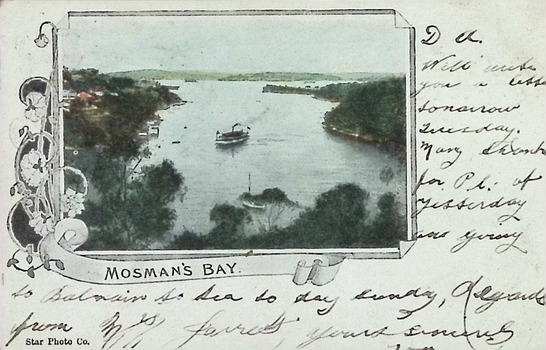 Postcard. Coloured photograph. Mosman's Bay