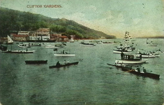 Postcard. Coloured of Clifton Gardens - a harbour with watercraft, row boats.