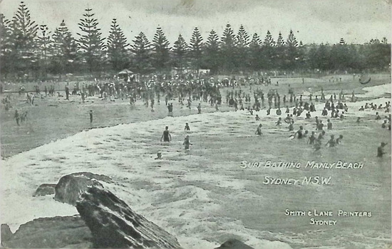 Postcard. Black and white photograph of surfbathing, Manly Beach, Sydney, N.S.W.
